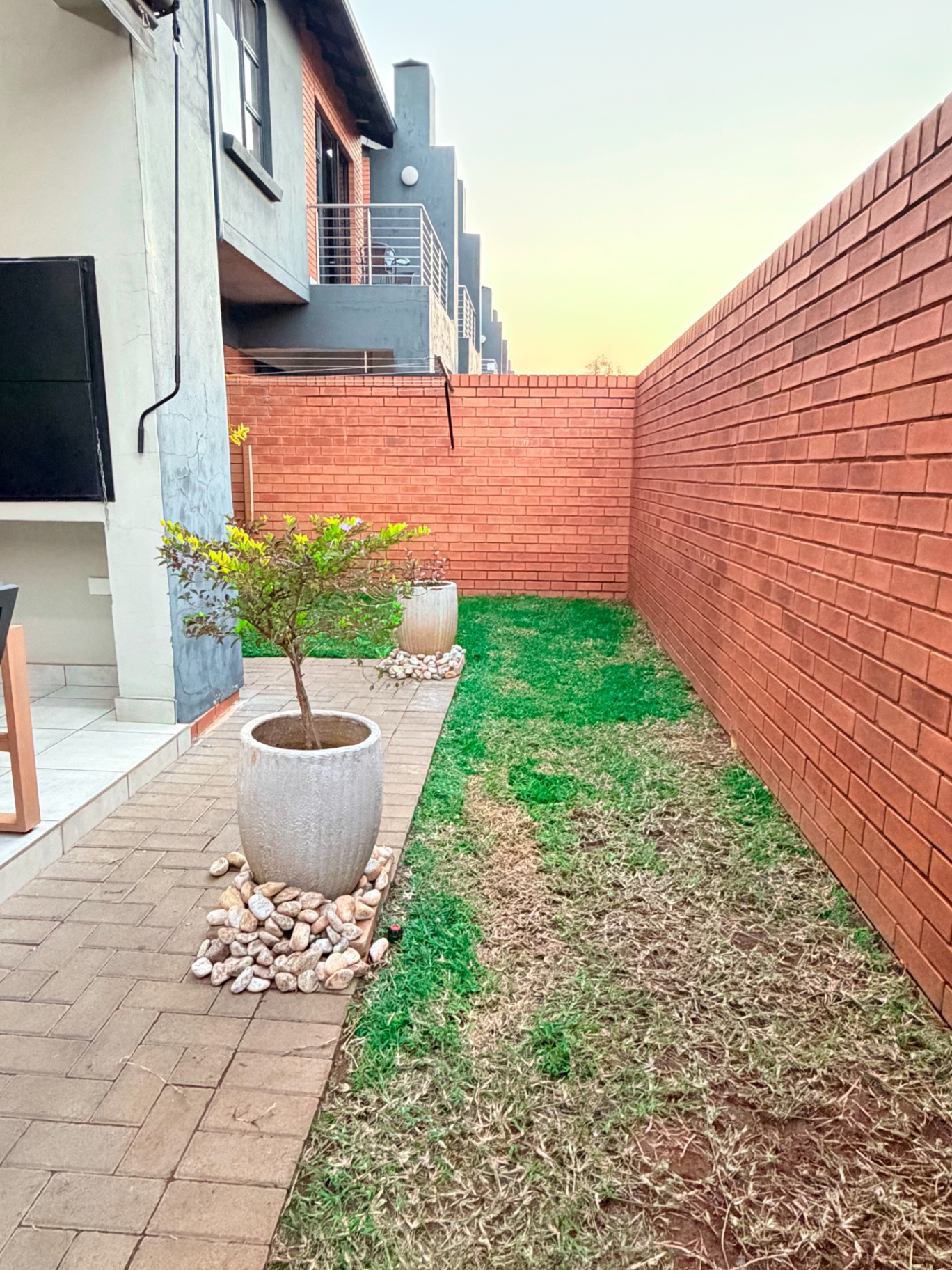 Private walled garden at dusk